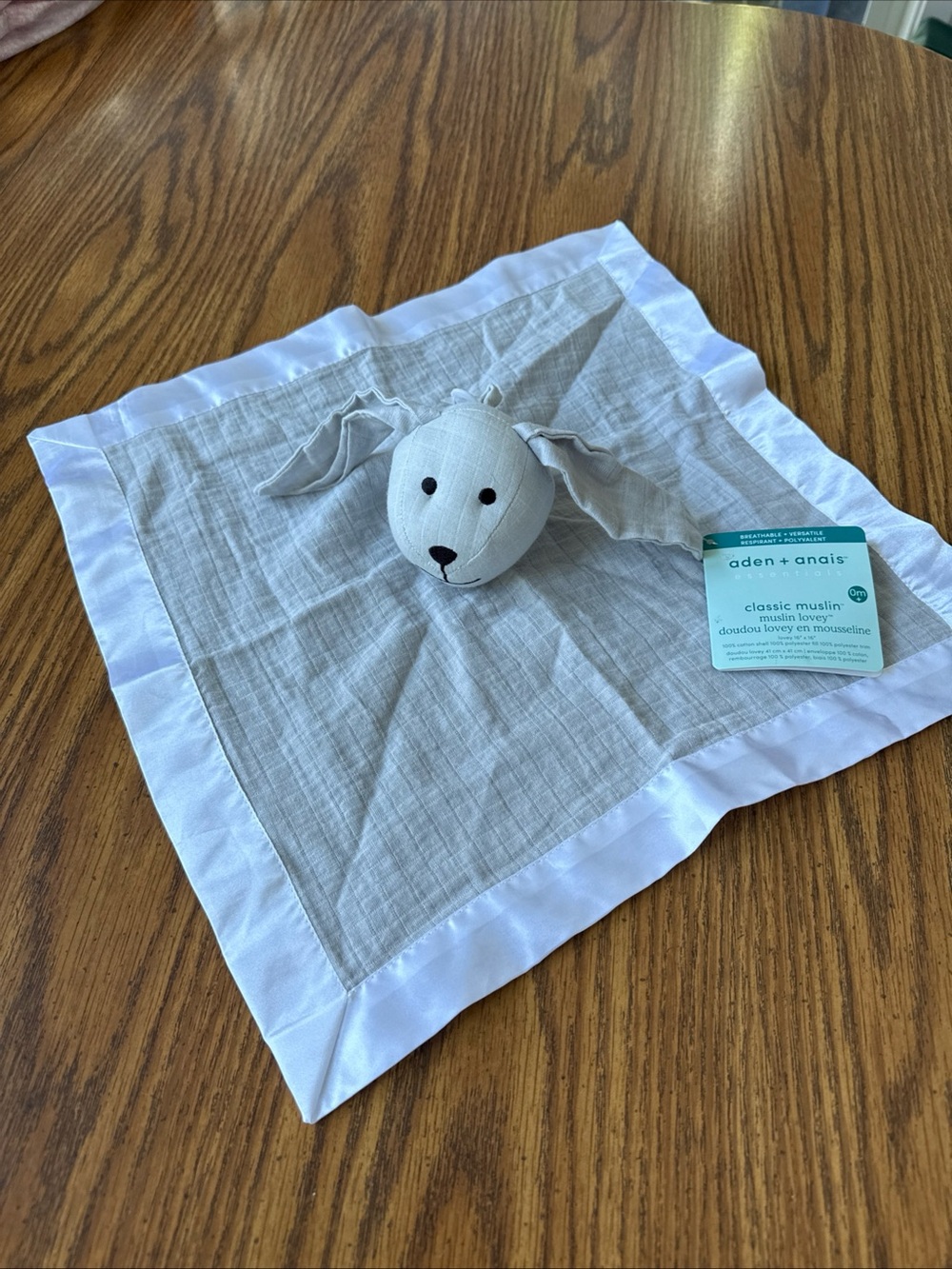 NWT Aden + Anais Grey And White Satin Muslin Bunny Baby Plush Security Blanket